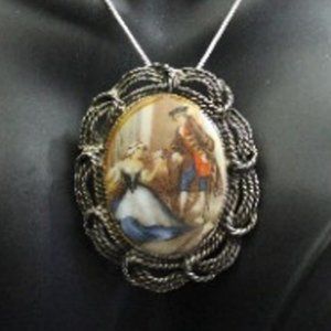 Ceramic Colonial Courting Couple Cameo Pendant Pin Necklace